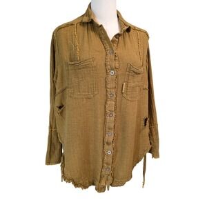 We‎ The Free Button Down Shirt Womens XS Brown Excellent Distressed Linen Blend